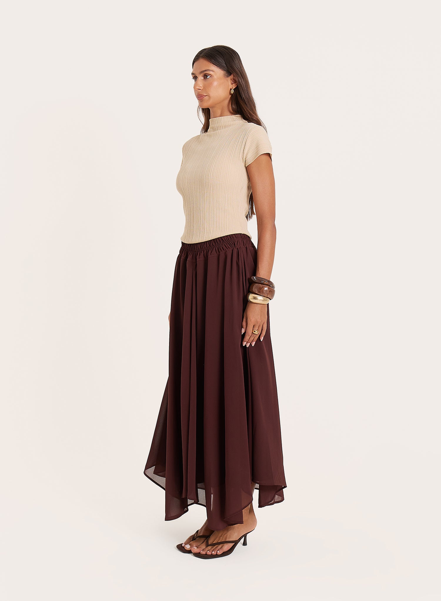 Chocolate Chiffon Asymmetric Hem Maxi Skirt